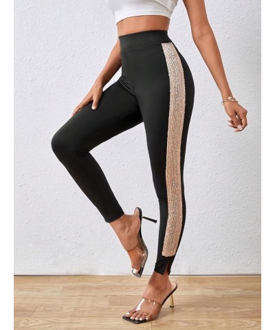 Women's Casual High Elastic Waist Leggings Rhinestone Side Skinny Pants Tights Black and Gold $20.29 Leggings