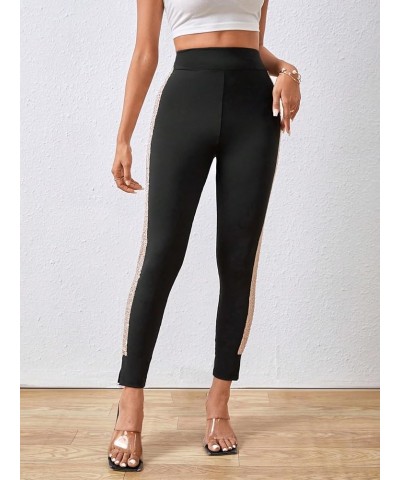 Women's Casual High Elastic Waist Leggings Rhinestone Side Skinny Pants Tights Black and Gold $20.29 Leggings