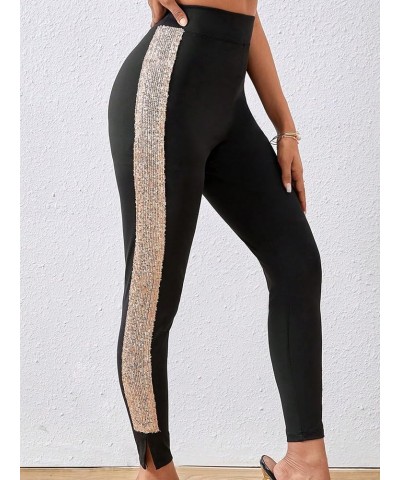 Women's Casual High Elastic Waist Leggings Rhinestone Side Skinny Pants Tights Black and Gold $20.29 Leggings