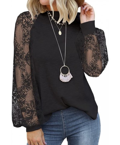 Women’s Long Sleeve Tops Lace Casual Loose Blouses T Shirts Z1- Black $20.34 Blouses