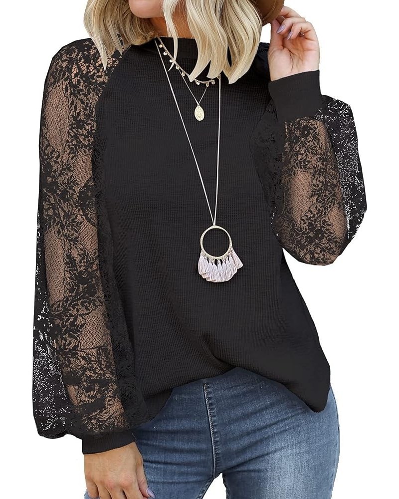 Women’s Long Sleeve Tops Lace Casual Loose Blouses T Shirts Z1- Black $20.34 Blouses