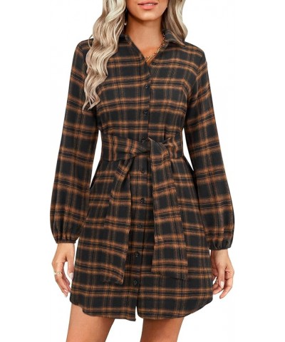 Womens Plaid Dress Flannel Puff Sleeve Dress Button Down Casual Dresses for Women 2023 A-brown $25.80 Dresses