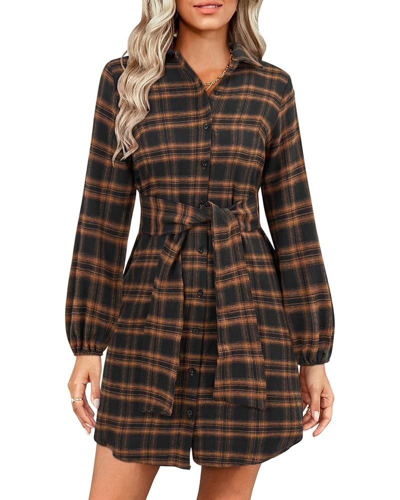 Womens Plaid Dress Flannel Puff Sleeve Dress Button Down Casual Dresses for Women 2023 A-brown $25.80 Dresses