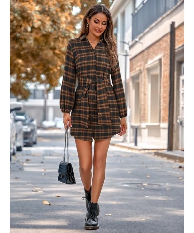 Womens Plaid Dress Flannel Puff Sleeve Dress Button Down Casual Dresses for Women 2023 A-brown $25.80 Dresses