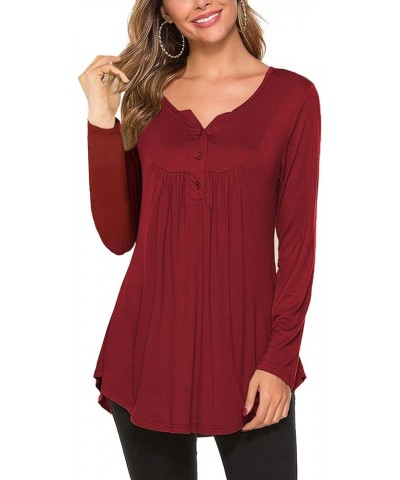 Women's Casual Long Sleeve Henley V-Neck Shirt Loose Fit Pleated Tunic Blouse Tops Wine Red $18.59 Tops