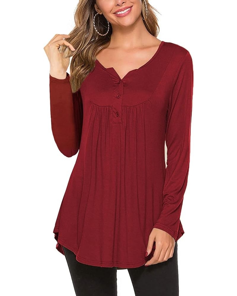 Women's Casual Long Sleeve Henley V-Neck Shirt Loose Fit Pleated Tunic Blouse Tops Wine Red $18.59 Tops