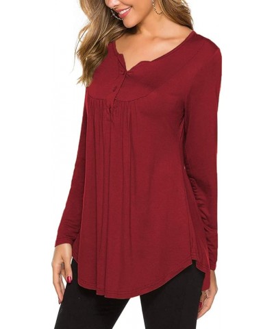 Women's Casual Long Sleeve Henley V-Neck Shirt Loose Fit Pleated Tunic Blouse Tops Wine Red $18.59 Tops