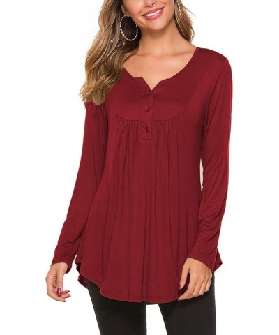 Women's Casual Long Sleeve Henley V-Neck Shirt Loose Fit Pleated Tunic Blouse Tops Wine Red $18.59 Tops