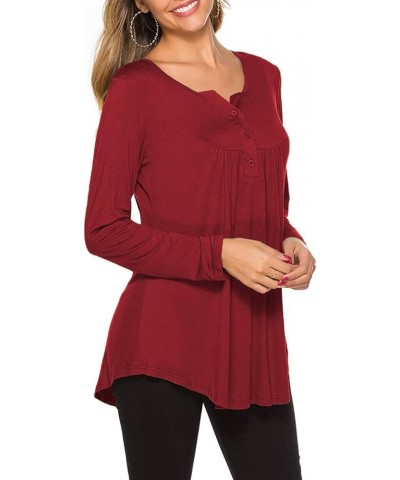 Women's Casual Long Sleeve Henley V-Neck Shirt Loose Fit Pleated Tunic Blouse Tops Wine Red $18.59 Tops