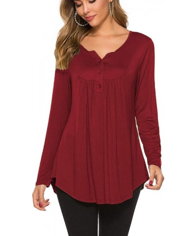 Women's Casual Long Sleeve Henley V-Neck Shirt Loose Fit Pleated Tunic Blouse Tops Wine Red $18.59 Tops