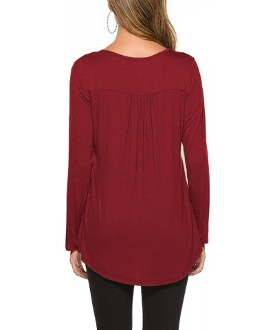 Women's Casual Long Sleeve Henley V-Neck Shirt Loose Fit Pleated Tunic Blouse Tops Wine Red $18.59 Tops