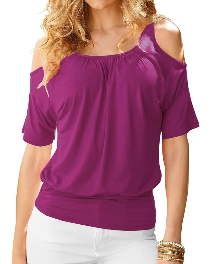 Womens Cold Shoulder Tops Summer Sexy Casual Short Sleeve Ruched Scoop Neck Banded Bottom Shirts Blouse Fuchsia $16.23 Blouses