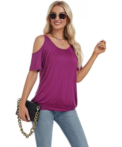 Womens Cold Shoulder Tops Summer Sexy Casual Short Sleeve Ruched Scoop Neck Banded Bottom Shirts Blouse Fuchsia $16.23 Blouses