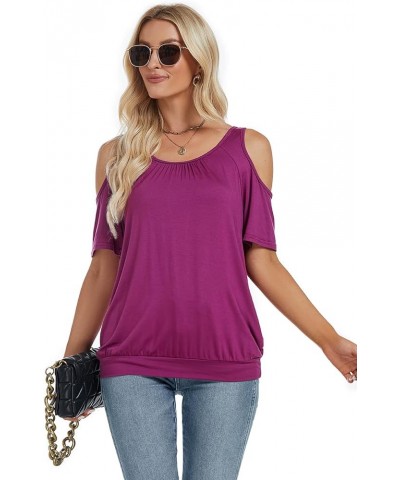 Womens Cold Shoulder Tops Summer Sexy Casual Short Sleeve Ruched Scoop Neck Banded Bottom Shirts Blouse Fuchsia $16.23 Blouses