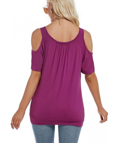 Womens Cold Shoulder Tops Summer Sexy Casual Short Sleeve Ruched Scoop Neck Banded Bottom Shirts Blouse Fuchsia $16.23 Blouses