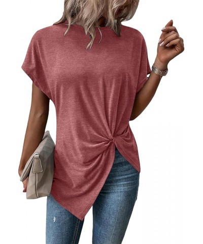 Women's Asymmetrical Hem Shirts Twist Front Short Sleeve Summer Trendy Tops Pink $9.60 T-Shirts