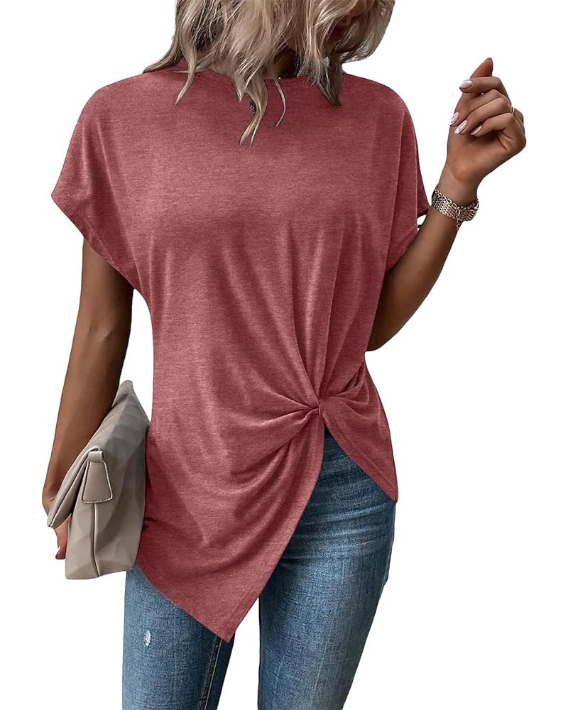 Women's Asymmetrical Hem Shirts Twist Front Short Sleeve Summer Trendy Tops Pink $9.60 T-Shirts