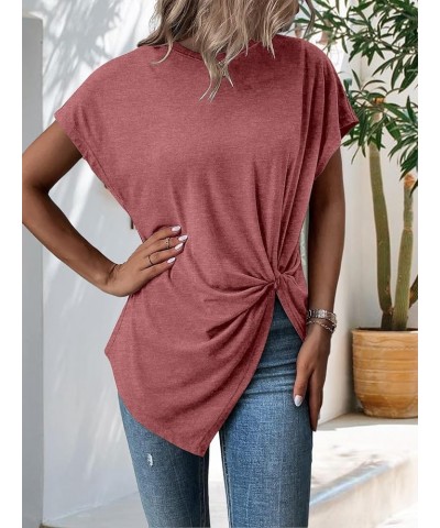 Women's Asymmetrical Hem Shirts Twist Front Short Sleeve Summer Trendy Tops Pink $9.60 T-Shirts