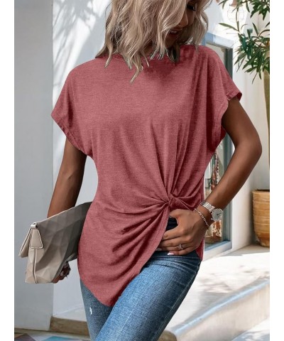 Women's Asymmetrical Hem Shirts Twist Front Short Sleeve Summer Trendy Tops Pink $9.60 T-Shirts