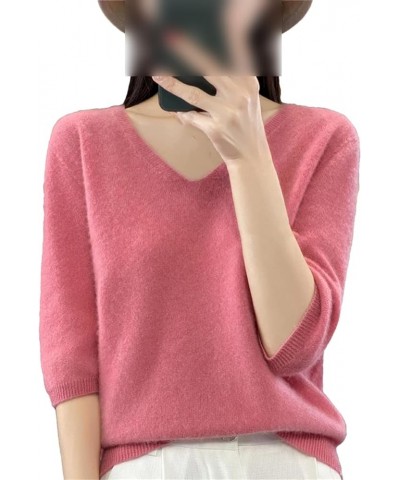 Autumn Winter Women's V-Neck Half Sleeve 100% Wool Sweater Loose Stylish Soft Light Knitted Top 1610 $24.32 Sweaters