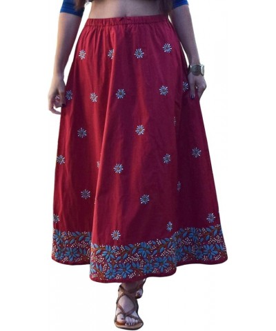 Pure Cotton Hand Embroidered Long Skirt Turquoise Emb Border on Red $27.49 Skirts