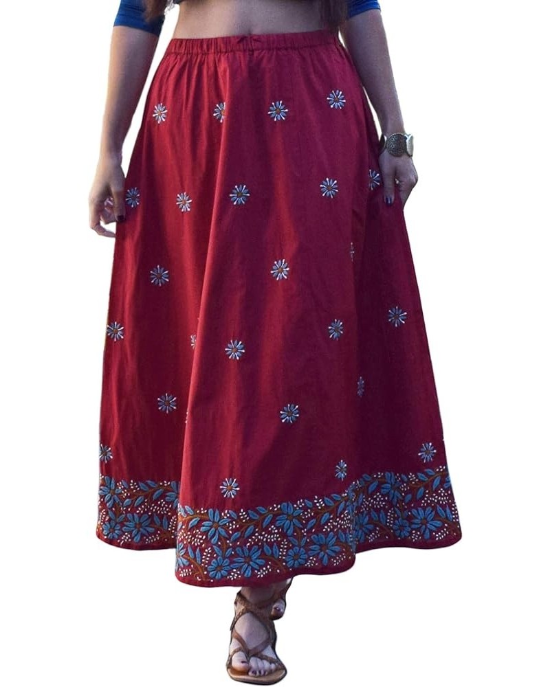 Pure Cotton Hand Embroidered Long Skirt Turquoise Emb Border on Red $27.49 Skirts