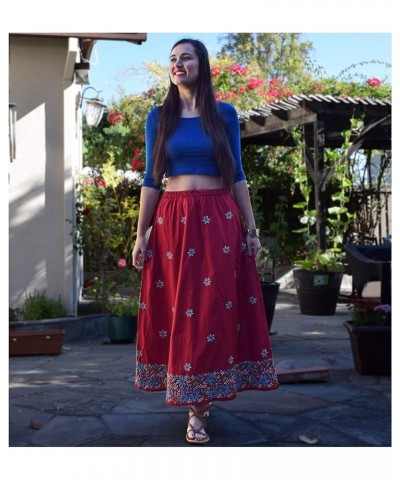 Pure Cotton Hand Embroidered Long Skirt Turquoise Emb Border on Red $27.49 Skirts