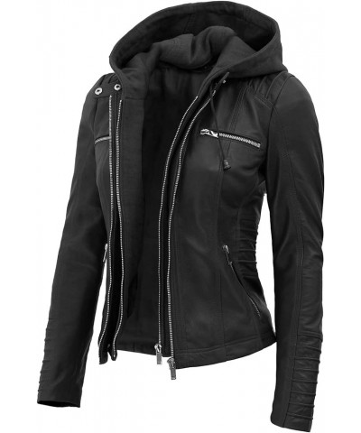 Leather Jacket Women - Real Lambskin Womens Leather Jackets with Removable Hood Black - Helen Jacket $88.32 Coats