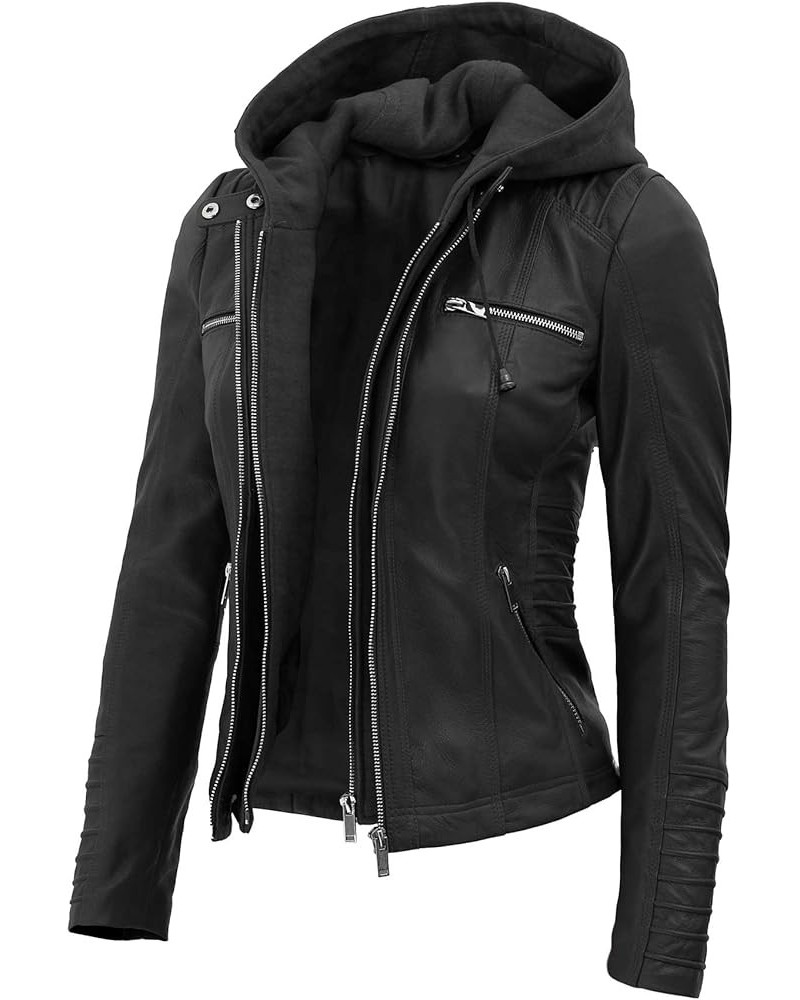 Leather Jacket Women - Real Lambskin Womens Leather Jackets with Removable Hood Black - Helen Jacket $88.32 Coats