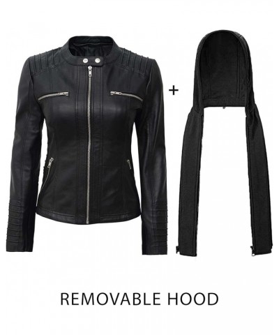 Leather Jacket Women - Real Lambskin Womens Leather Jackets with Removable Hood Black - Helen Jacket $88.32 Coats