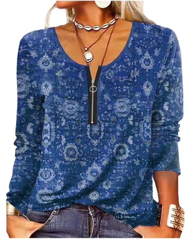 Women Casual Tops Boho Ethnic Floral Printed Long Sleeve V Neck Loose Fit T Shirts Tunic Tops Blue $16.73 Tops