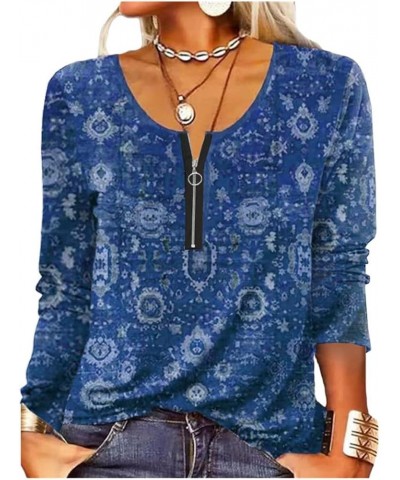 Women Casual Tops Boho Ethnic Floral Printed Long Sleeve V Neck Loose Fit T Shirts Tunic Tops Blue $16.73 Tops