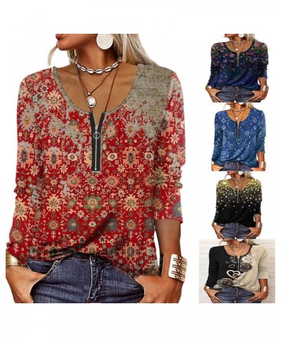 Women Casual Tops Boho Ethnic Floral Printed Long Sleeve V Neck Loose Fit T Shirts Tunic Tops Blue $16.73 Tops