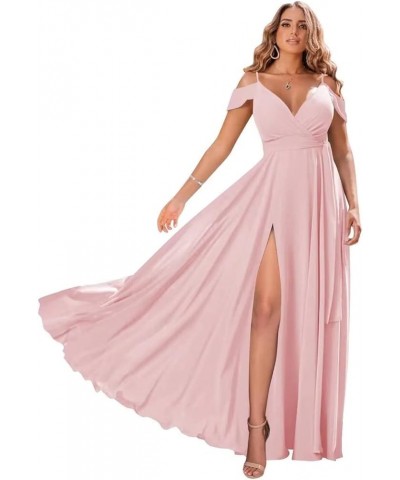 Off Shoulder Bridesmaid Dresses Long Chiffon V Neck Pleated Formal Dresses with Slit Pink $34.97 Dresses