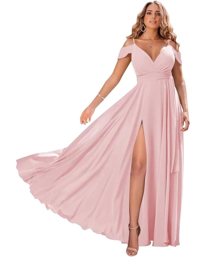 Off Shoulder Bridesmaid Dresses Long Chiffon V Neck Pleated Formal Dresses with Slit Pink $34.97 Dresses