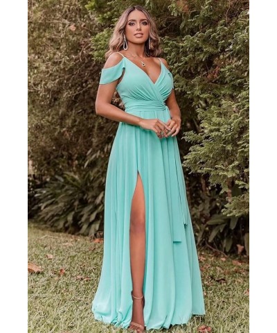 Off Shoulder Bridesmaid Dresses Long Chiffon V Neck Pleated Formal Dresses with Slit Pink $34.97 Dresses