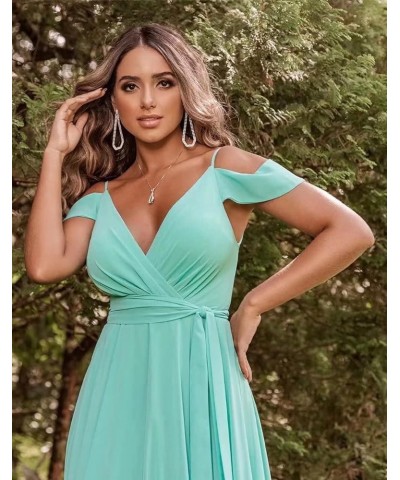 Off Shoulder Bridesmaid Dresses Long Chiffon V Neck Pleated Formal Dresses with Slit Pink $34.97 Dresses