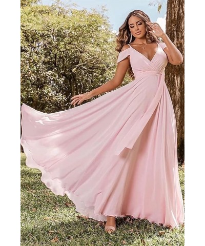 Off Shoulder Bridesmaid Dresses Long Chiffon V Neck Pleated Formal Dresses with Slit Pink $34.97 Dresses