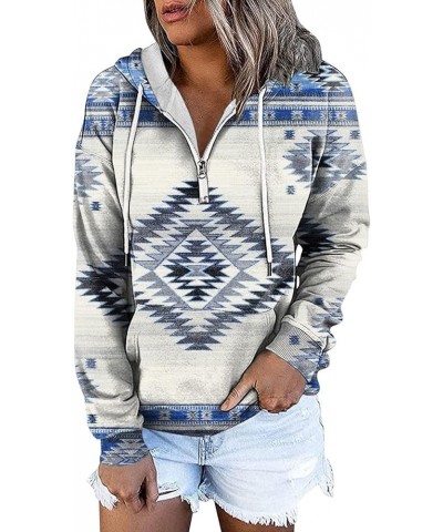 Women's Fall Casual Western Aztec Print Long Sleeve Drawstring Hoodies Half Zip Sweatshirt Button Down Pullover Tops 03-white...