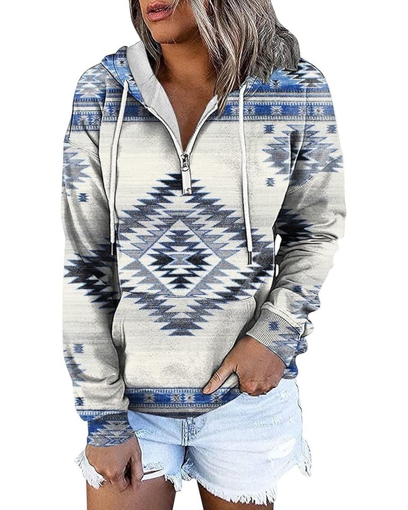 Women's Fall Casual Western Aztec Print Long Sleeve Drawstring Hoodies Half Zip Sweatshirt Button Down Pullover Tops 03-white...