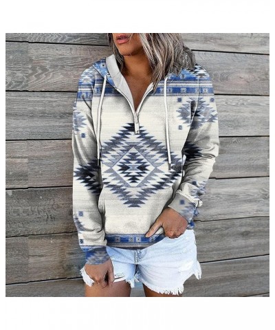 Women's Fall Casual Western Aztec Print Long Sleeve Drawstring Hoodies Half Zip Sweatshirt Button Down Pullover Tops 03-white...