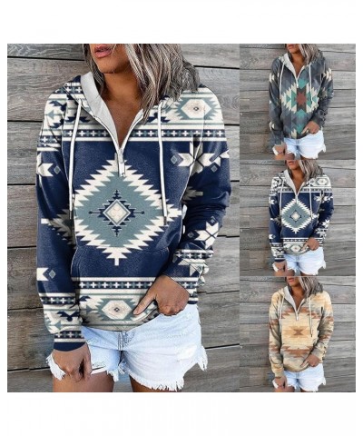 Women's Fall Casual Western Aztec Print Long Sleeve Drawstring Hoodies Half Zip Sweatshirt Button Down Pullover Tops 03-white...