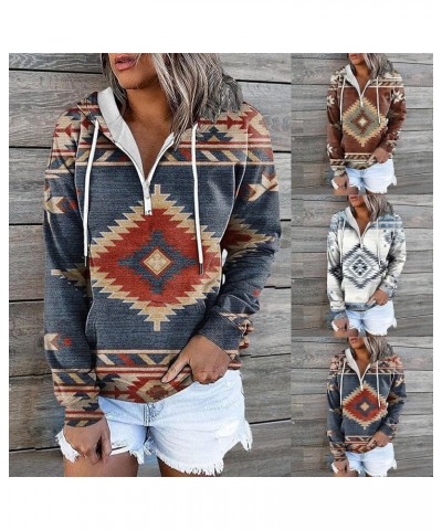 Women's Fall Casual Western Aztec Print Long Sleeve Drawstring Hoodies Half Zip Sweatshirt Button Down Pullover Tops 03-white...