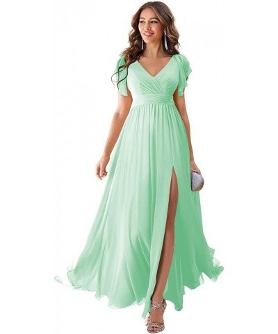 2023 Bridesmaid Dresses Long Slit Chiffon Evening Gowns Short Sleeves Pleated Formal Party Dress with Pockets OSA004 Mint $25...