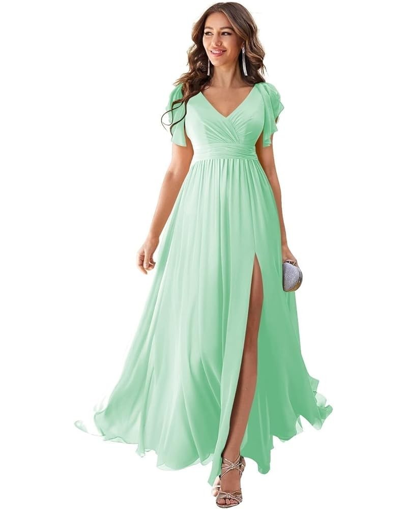 2023 Bridesmaid Dresses Long Slit Chiffon Evening Gowns Short Sleeves Pleated Formal Party Dress with Pockets OSA004 Mint $25...