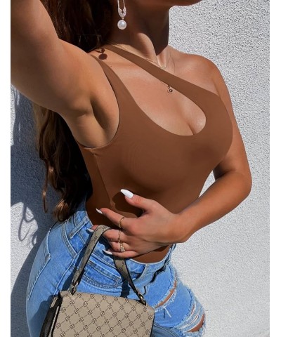 Women's Sexy One Shoulder Sleeveless Cutout Thong Bodysuit Tank Top Body Suits V Backless Tummy Control Shapewear Brown $17.3...