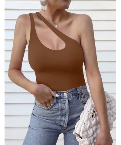 Women's Sexy One Shoulder Sleeveless Cutout Thong Bodysuit Tank Top Body Suits V Backless Tummy Control Shapewear Brown $17.3...