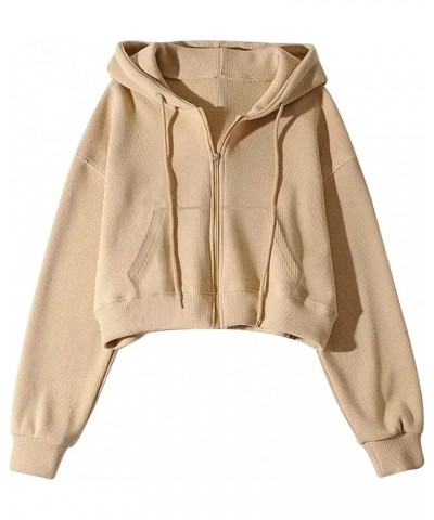 Cropped Zip Up Hoodie for Women Waffle Knit Vintage cropped Sweatshirt Casual Long Sleeve Hooded crop jacket Khaki $23.65 Hoo...