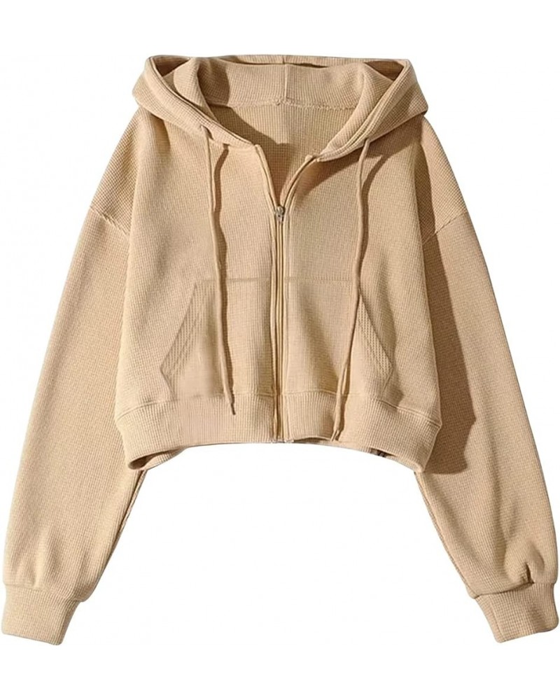 Cropped Zip Up Hoodie for Women Waffle Knit Vintage cropped Sweatshirt Casual Long Sleeve Hooded crop jacket Khaki $23.65 Hoo...