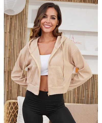 Cropped Zip Up Hoodie for Women Waffle Knit Vintage cropped Sweatshirt Casual Long Sleeve Hooded crop jacket Khaki $23.65 Hoo...